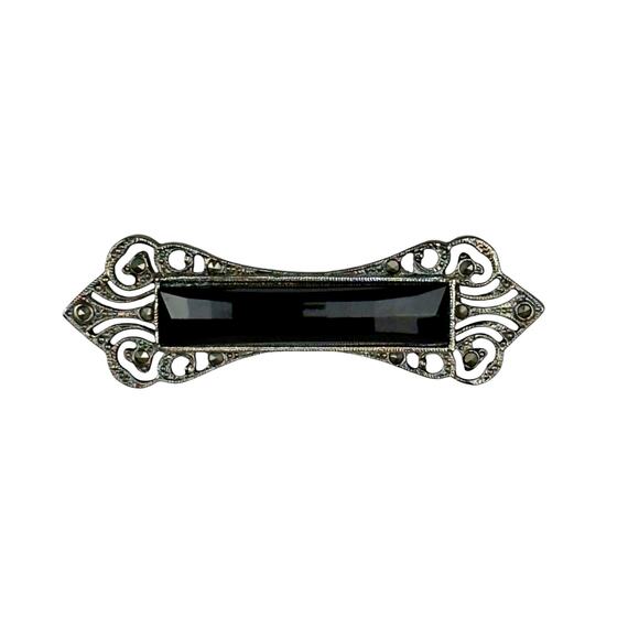 VTG Silver Marcasite & Black Faceted Simulated Onyx Bar Brooch Pin 2" - Picture 1 of 5